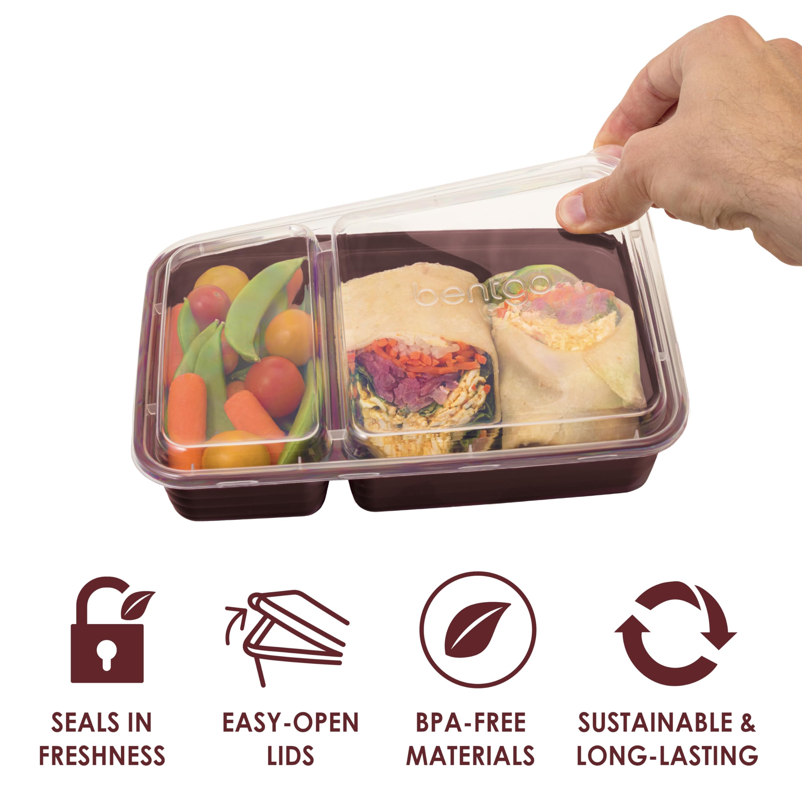 Bentgo 20-Piece Lightweight, Durable, Reusable Bpa-Free 2-Compartment Containers - Microwave, Freezer, Dishwasher Safe - Burgund
